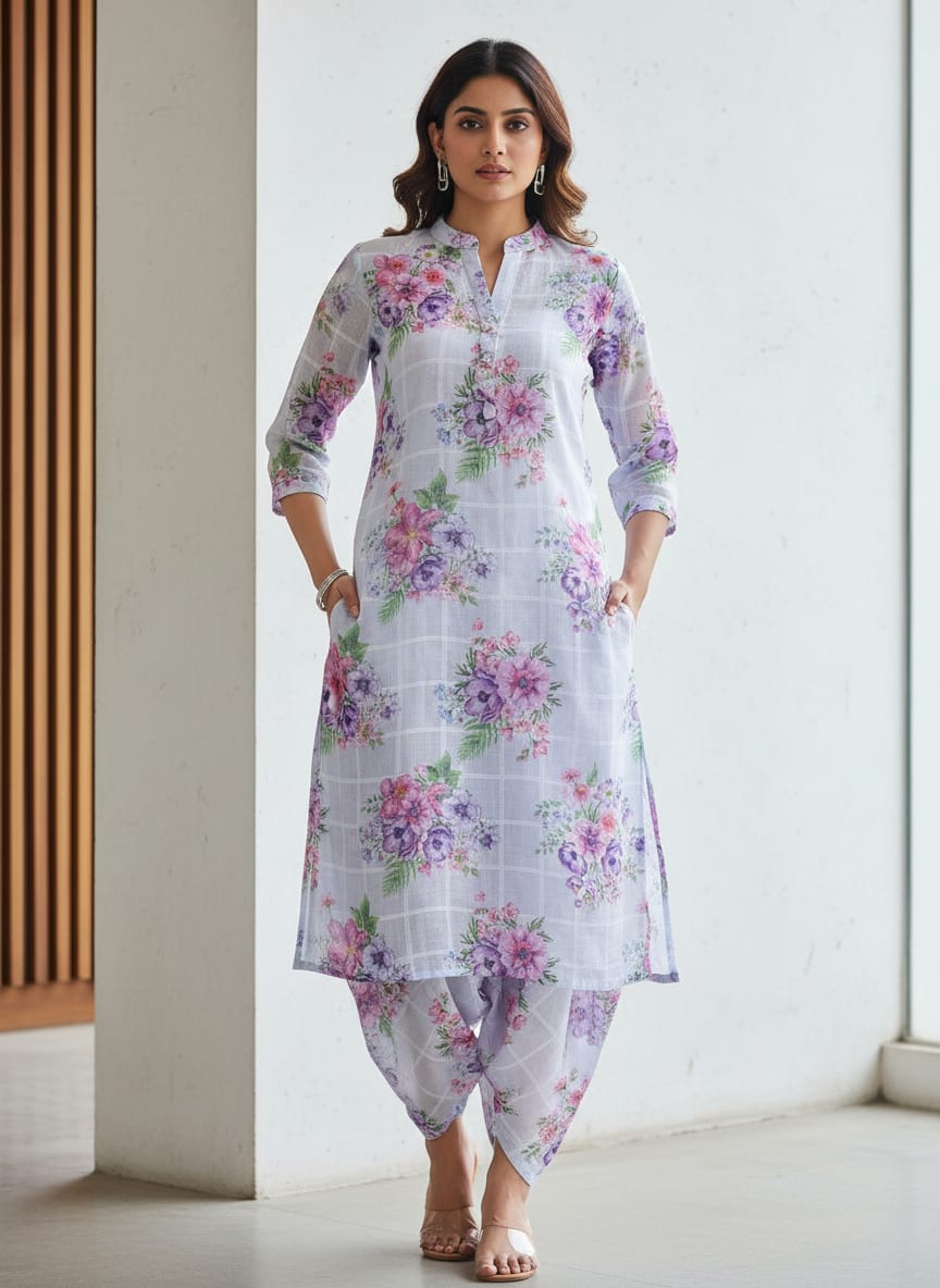 Blue Linen with Floral Bouquet Print