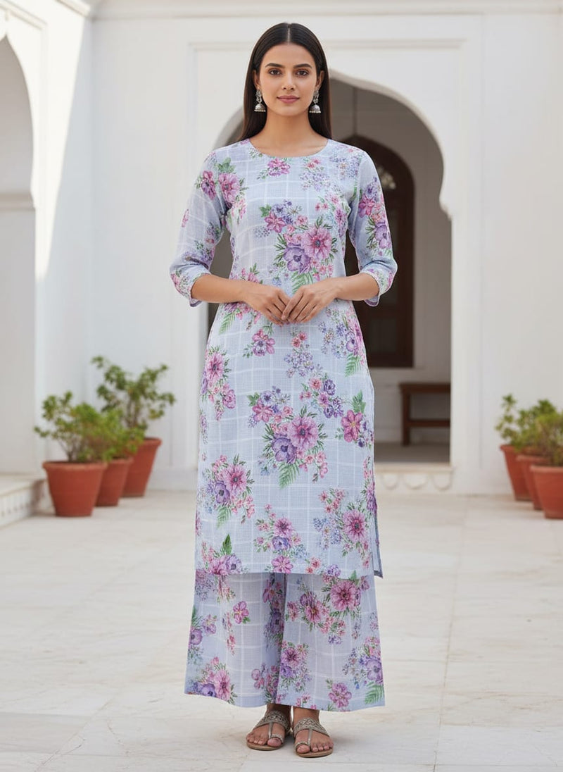 Blue Linen with Floral Bouquet Print