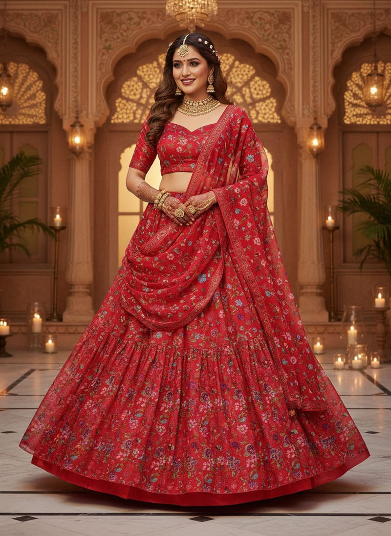 Red Floral Printed Organza Fabric