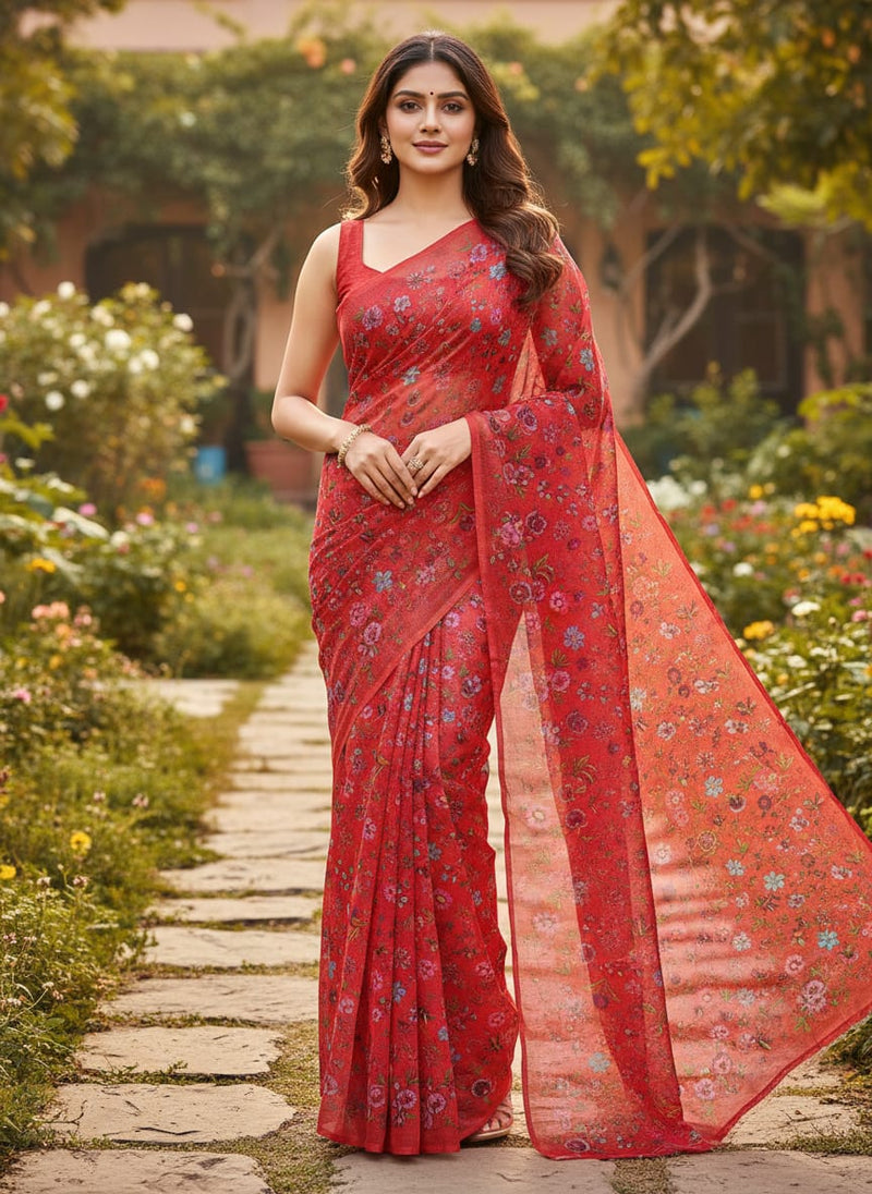 Red Floral Printed Organza Fabric