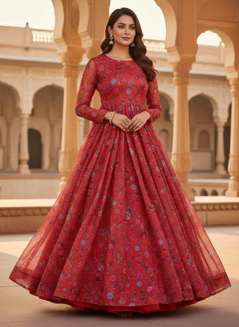 Red Floral Printed Organza Fabric