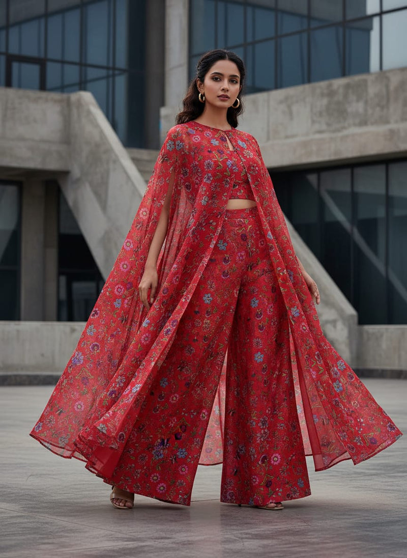 Red Floral Printed Organza Fabric