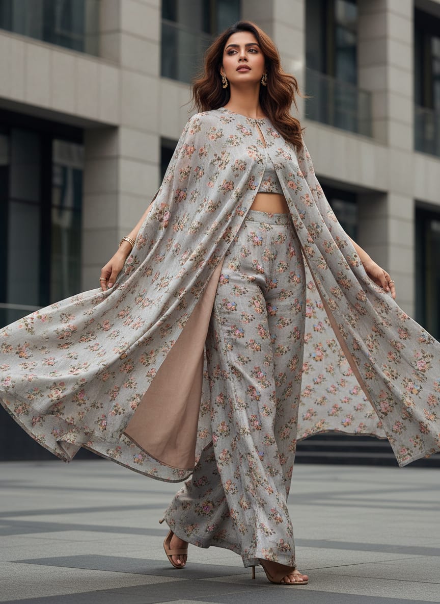 Grey Tusser Silk with Floral Bouquet Print