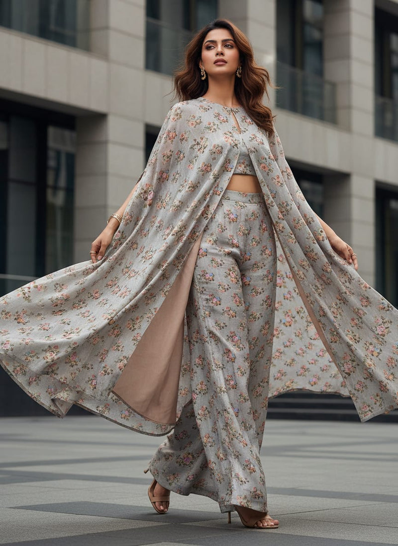 Grey Tusser Silk with Floral Bouquet Print