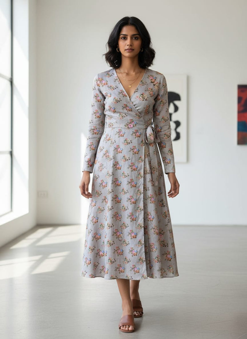 Grey Tusser Silk with Floral Bouquet Print