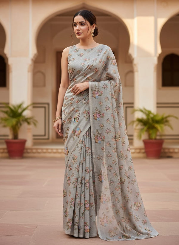 Grey Tusser Silk with Floral Bouquet Print - Saree Lookbook - TS-0-MA017209-110 - alternate view