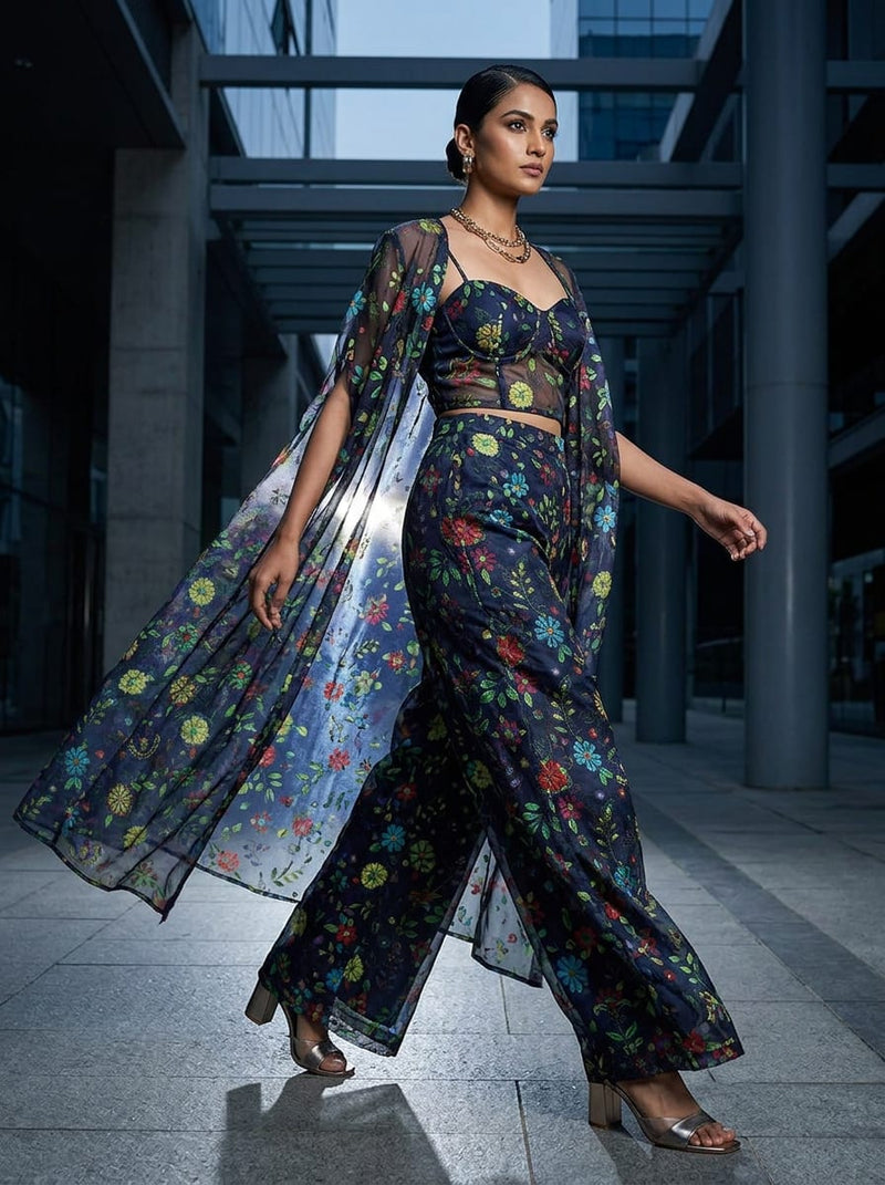 Navy Ditsy Ethnic Floral and Paisley Organza Digital Printed Fabric