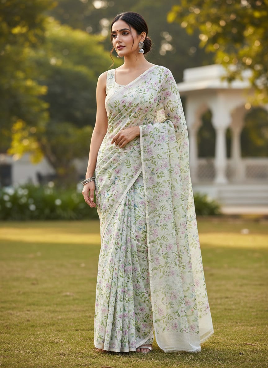 Tusser Silk Floral Printed Fabric