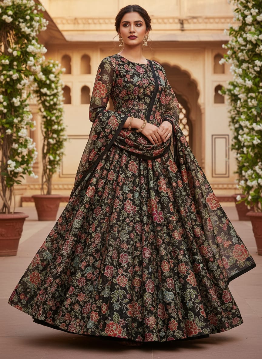 Black Tusser Silk with Red Floral Print