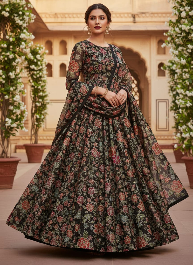 Black Tusser Silk with Red Floral Print