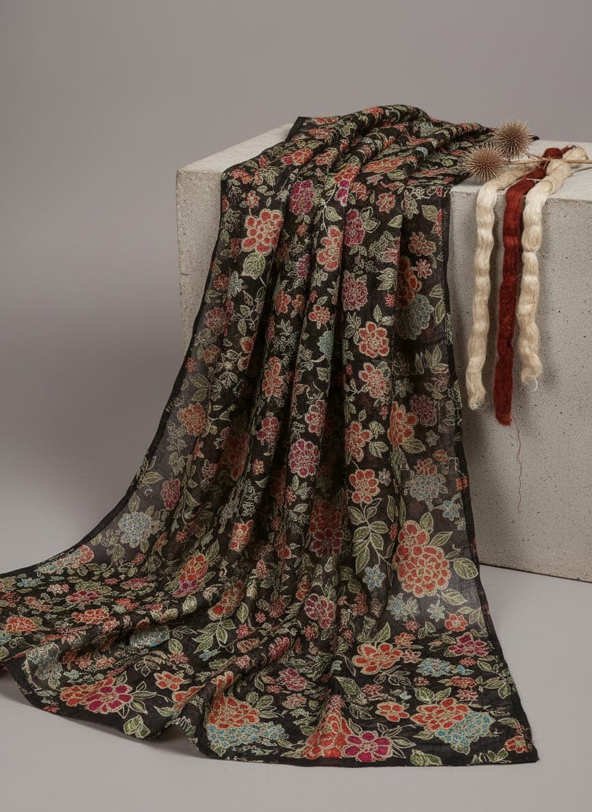 Black Tusser Silk with Red Floral Print