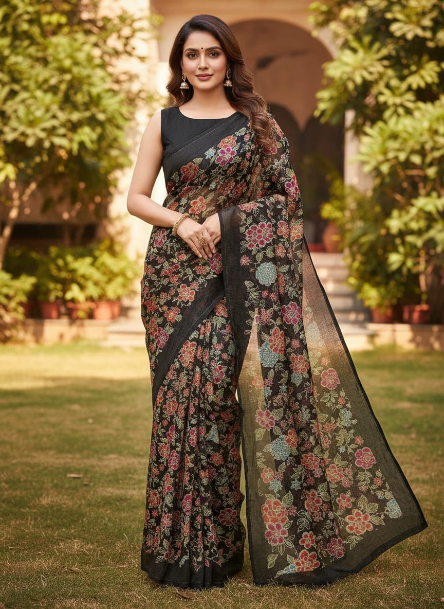 Black Tusser Silk with Red Floral Print