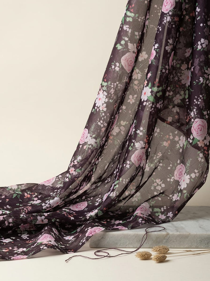 Brown Ditsy Floral Garden Organza Digital Printed Fabric