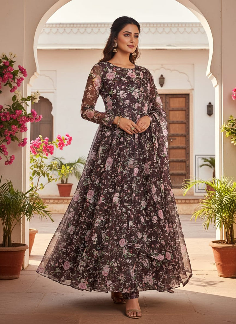 Black Organza Floral Print Fabric
