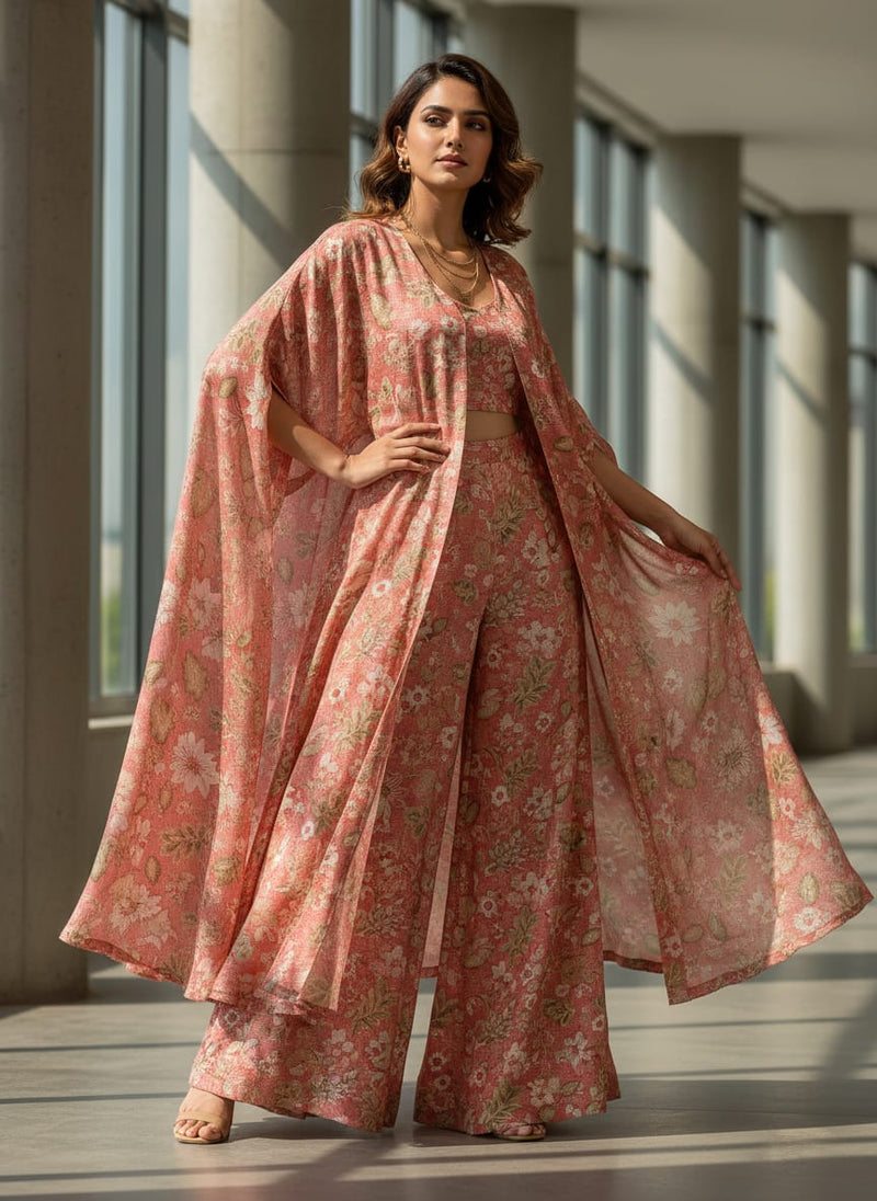 Peach Floral Printed Tusser Silk Fabric