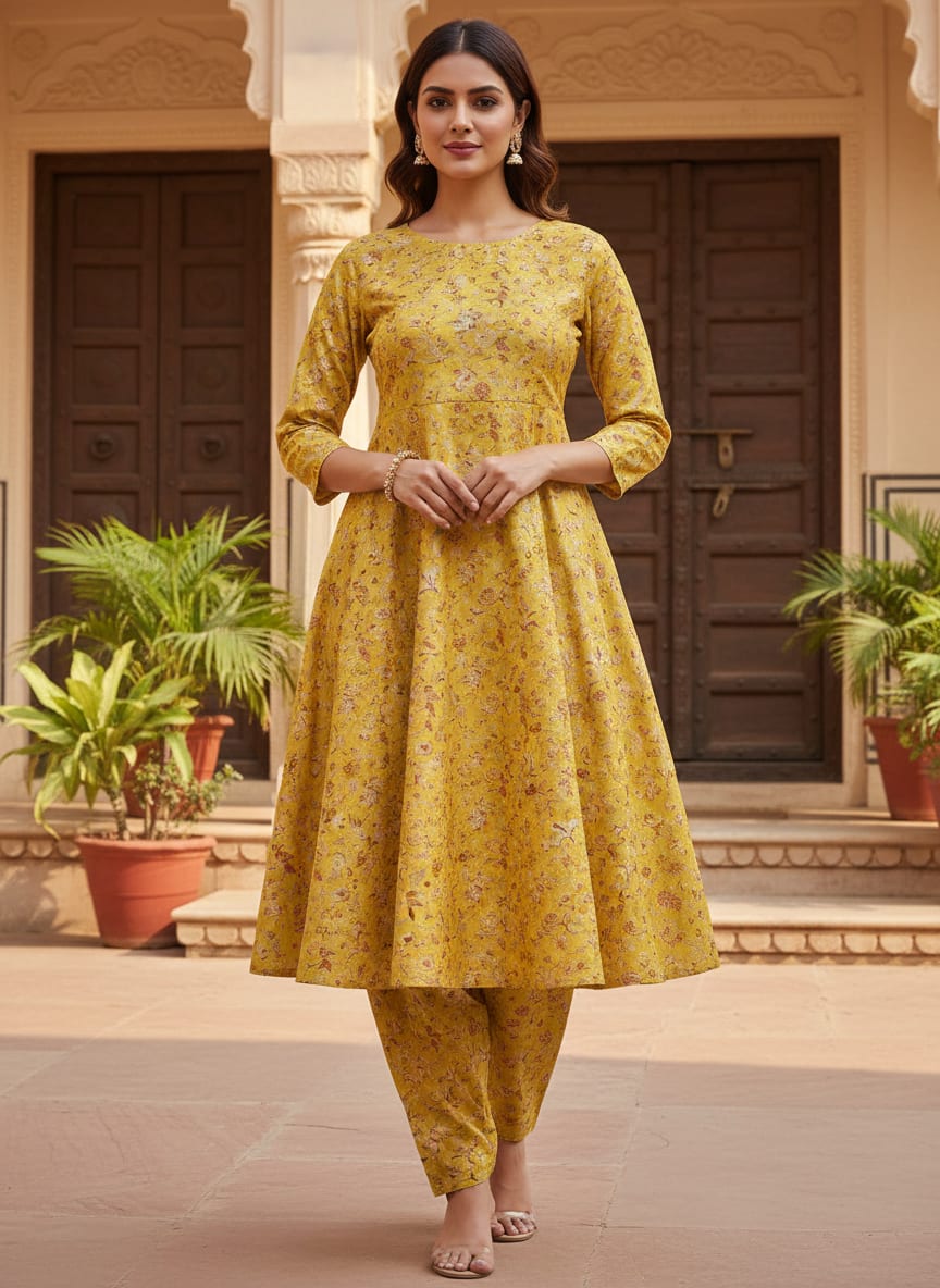 Yellow Tusser Silk Floral Digital Print Fabric