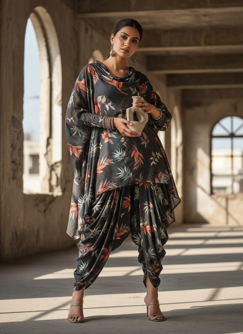 Dark Grey Botanical Leaves Print Premium Polyester Fabric