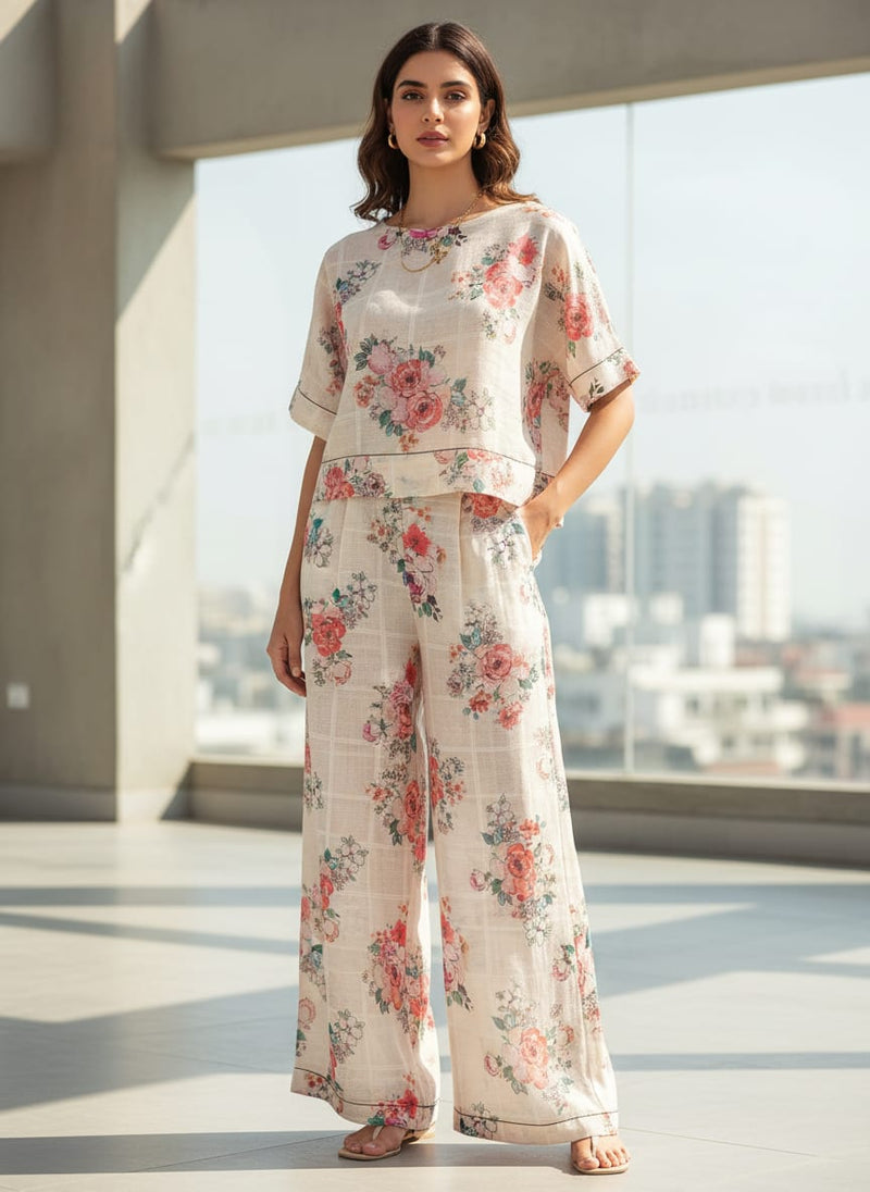 Cream Floral Grid Printed Linen Fabric