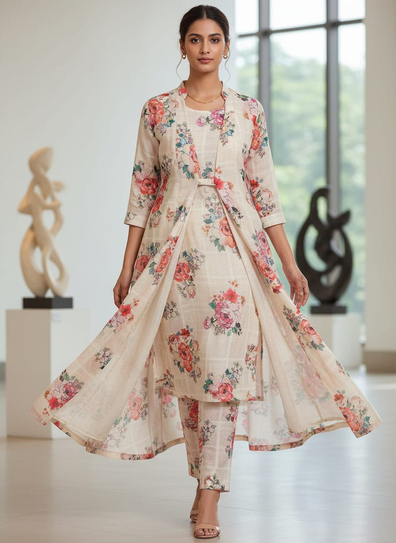 Cream Floral Grid Printed Linen Fabric