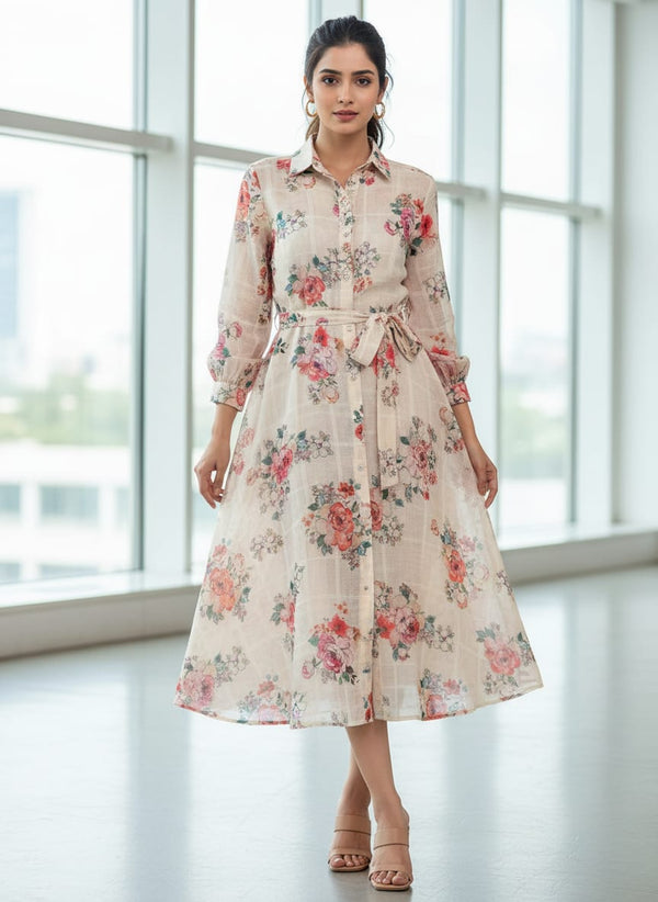 Cream Floral Grid Printed Linen Fabric - Shirt Dress Lookbook - POLI-CH-TA08708-110 - alternate view