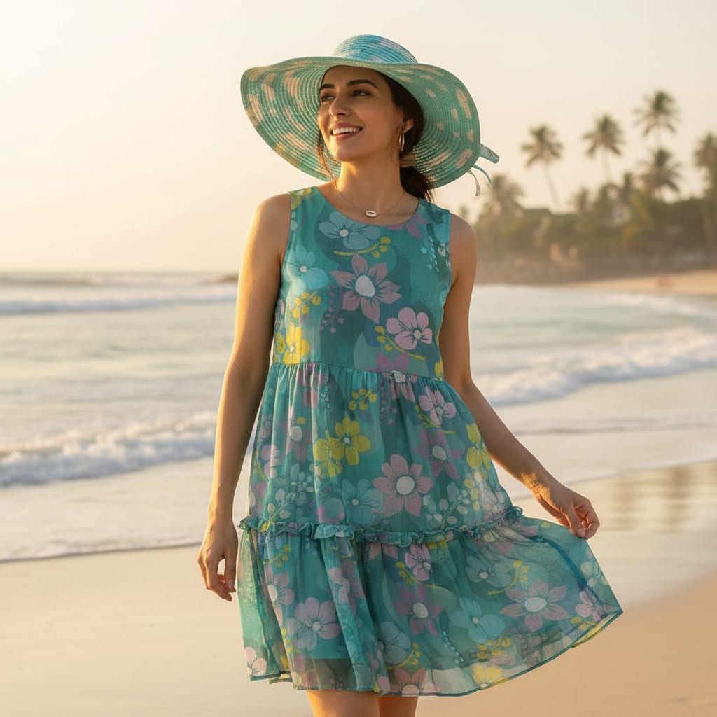 Teal Organza Floral Print Fabric