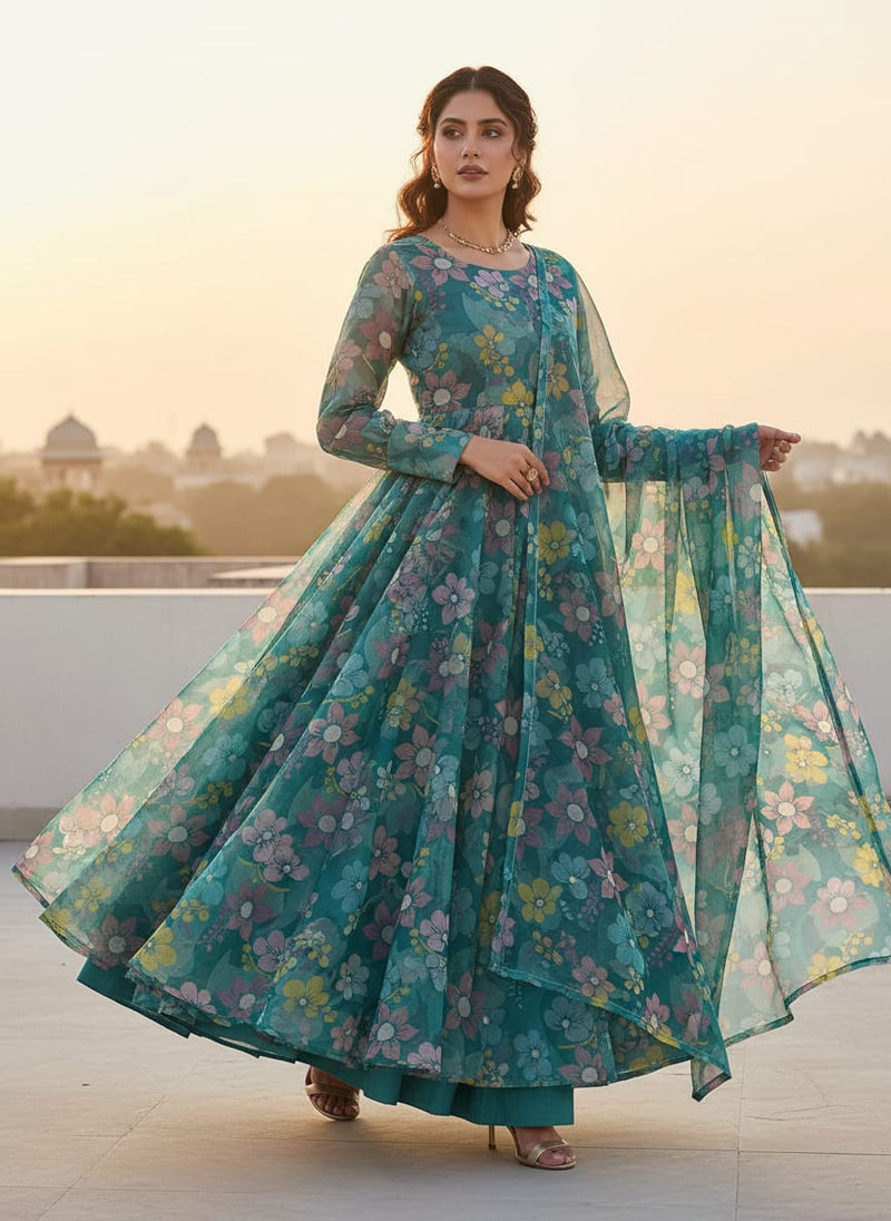 Teal Organza Floral Print Fabric