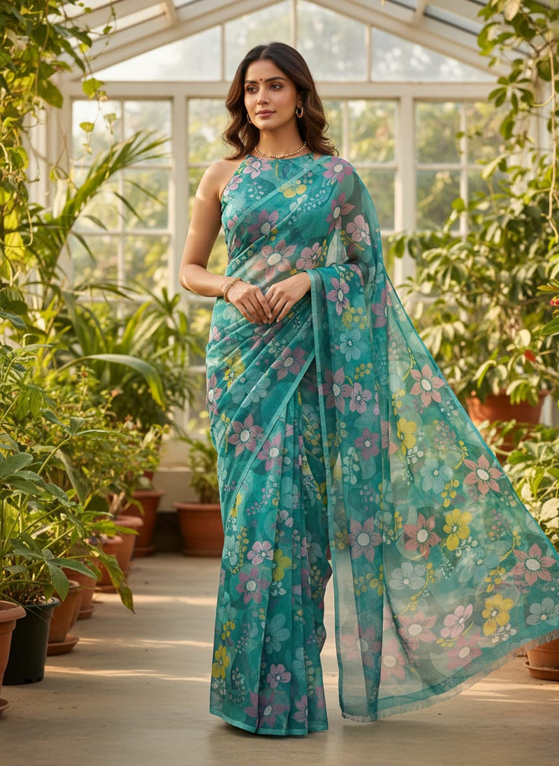 Teal Organza Floral Print Fabric