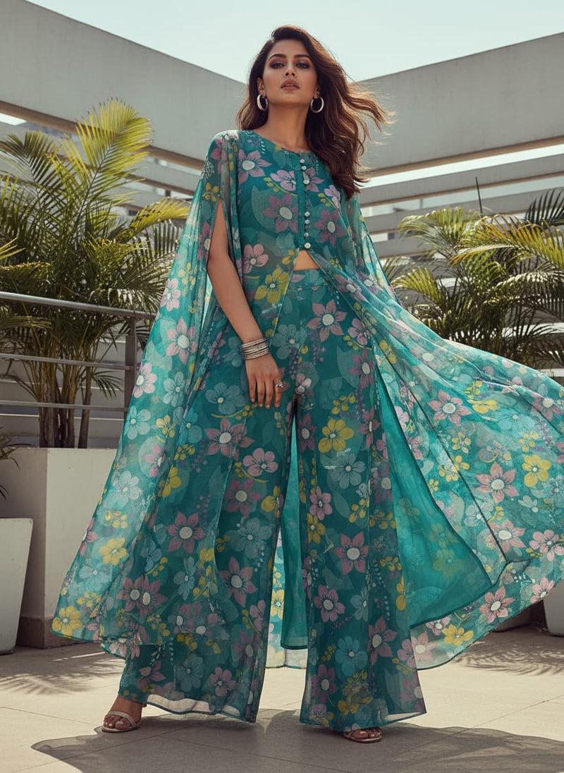 Teal Organza Floral Print Fabric