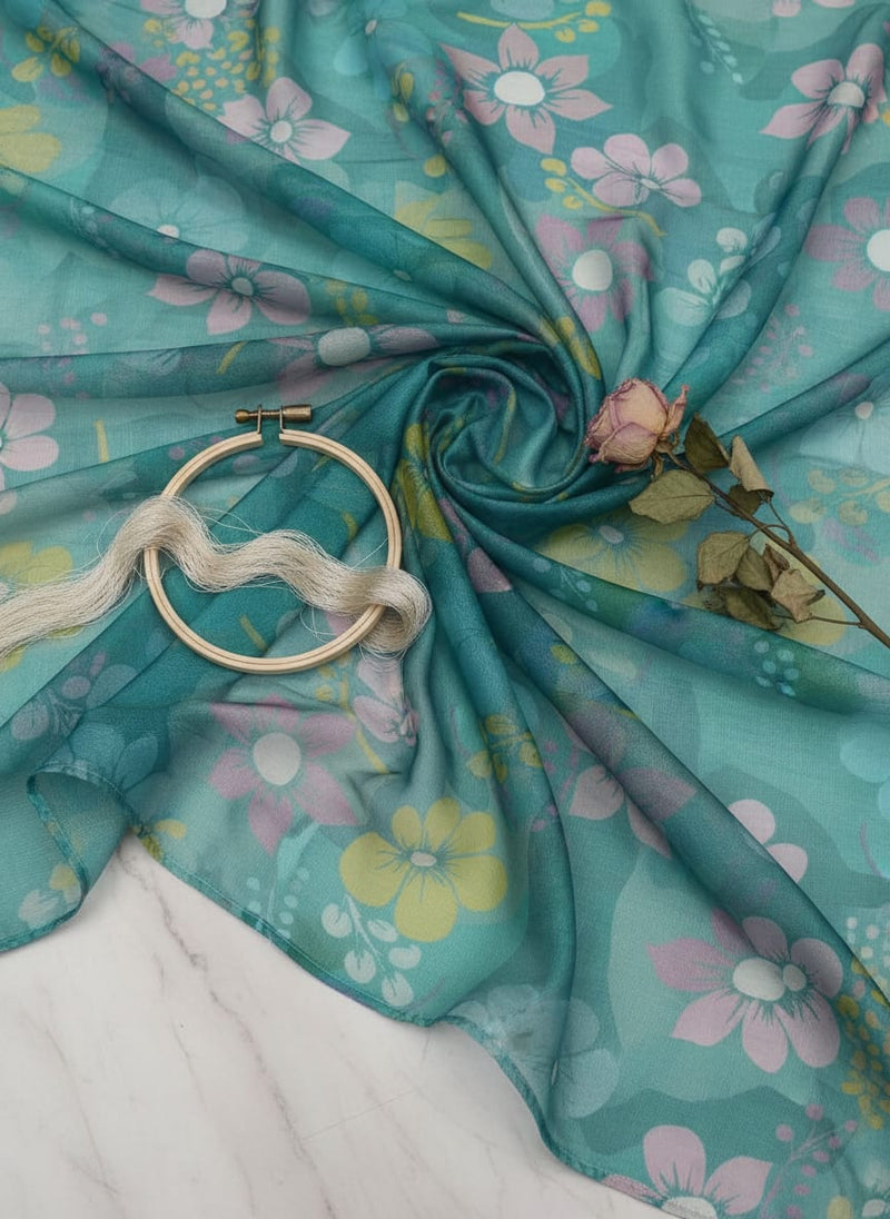 Teal Organza Floral Print Fabric