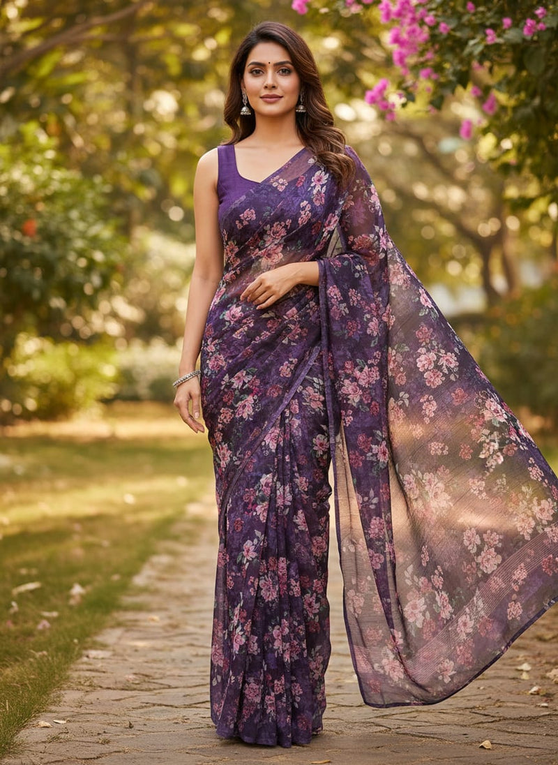 Purple Organza Floral Print Fabric