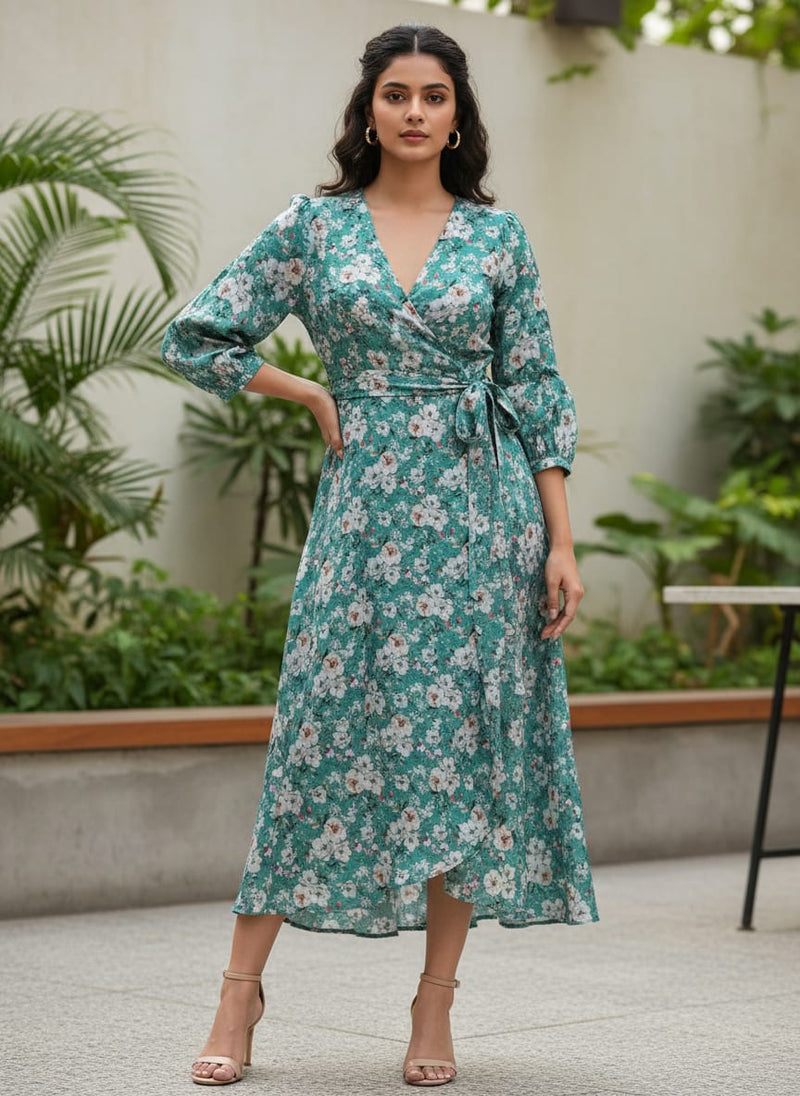 Teal Tusser Silk with Blooming Floral Print