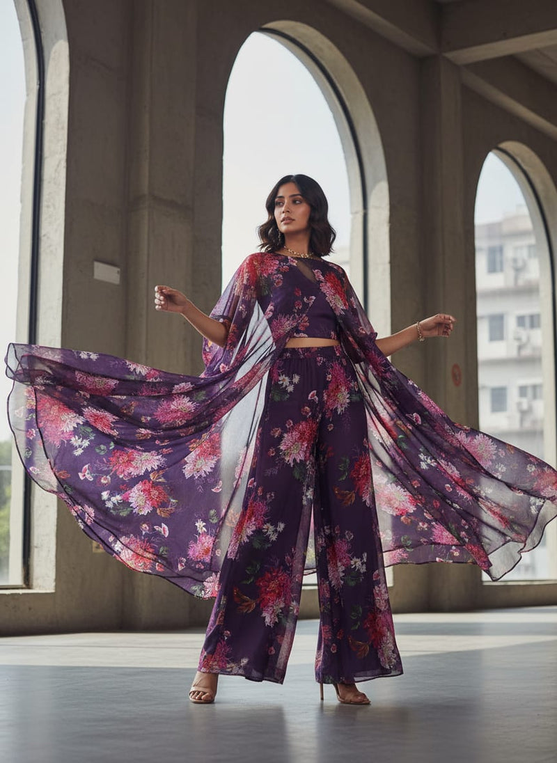 Purple Organza Floral Print Fabric