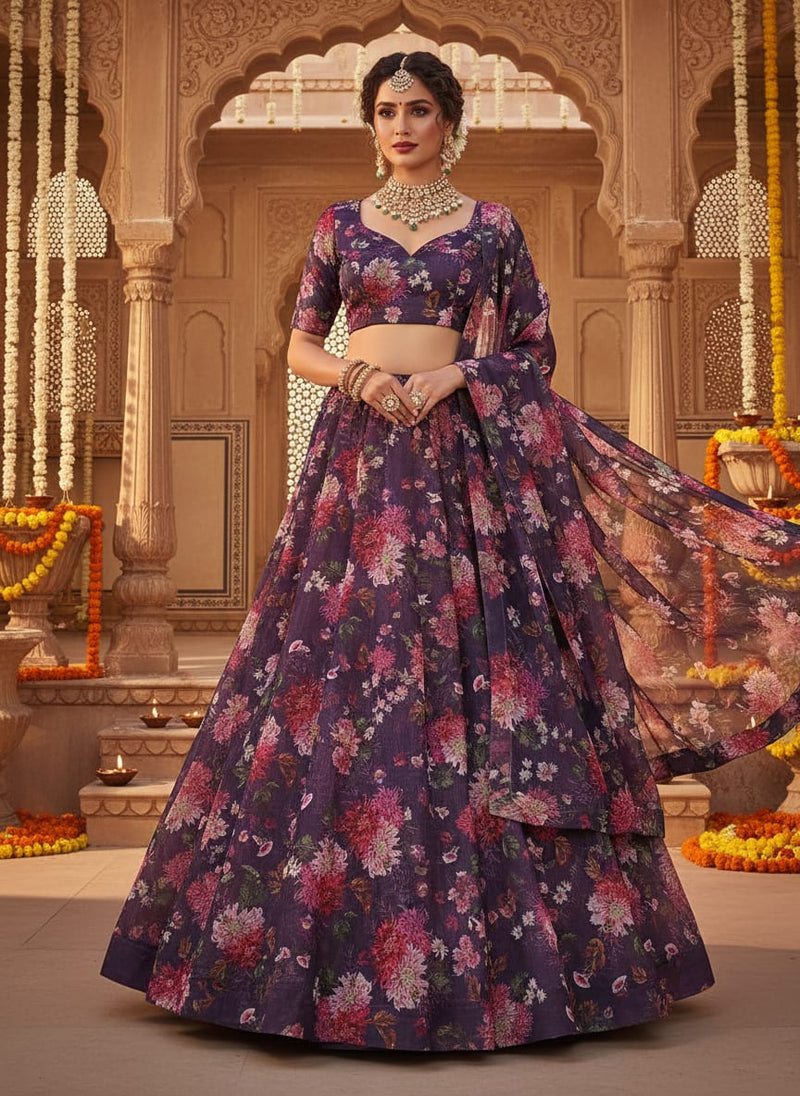 Purple Organza Floral Print Fabric