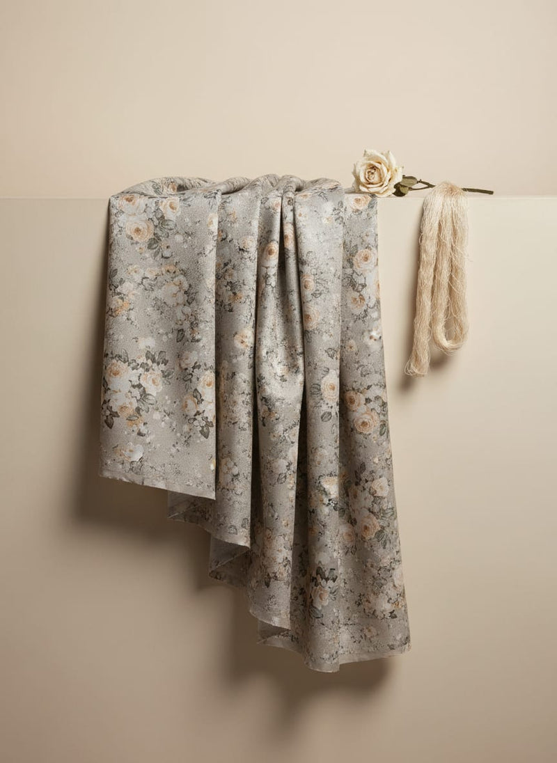 Tusser Silk Floral Print Fabric, Grey