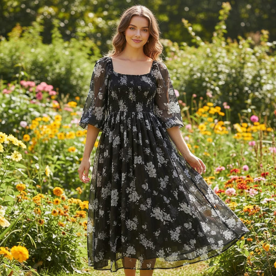 Black & White Floral Organza Fabric