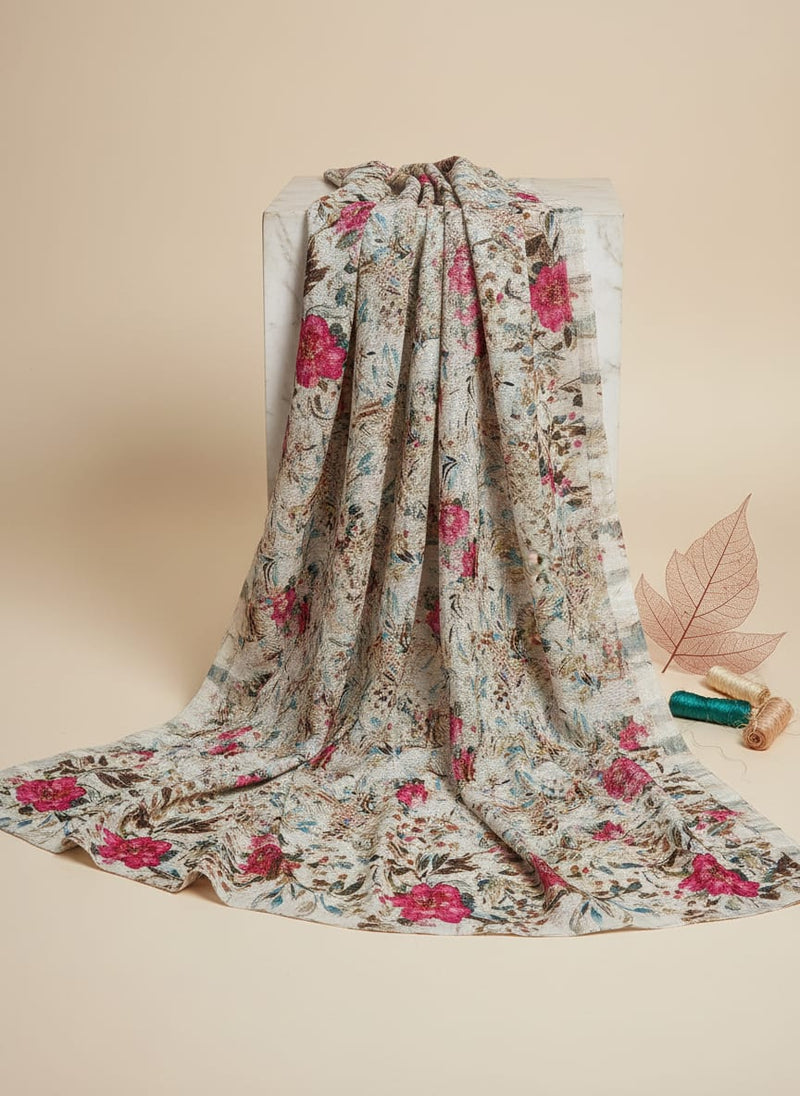 Chinon Floral Print Fabric - Off White