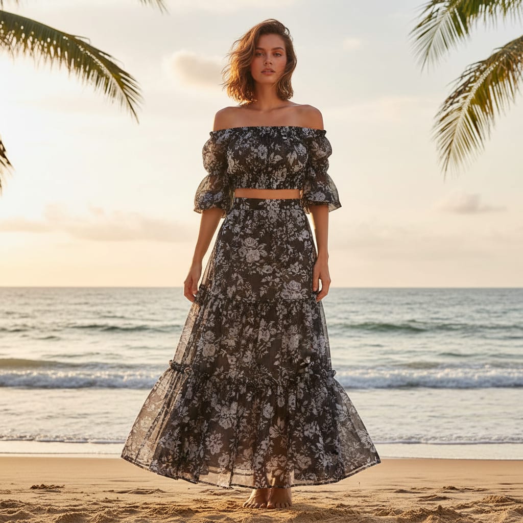 Black Floral Printed Organza Fabric