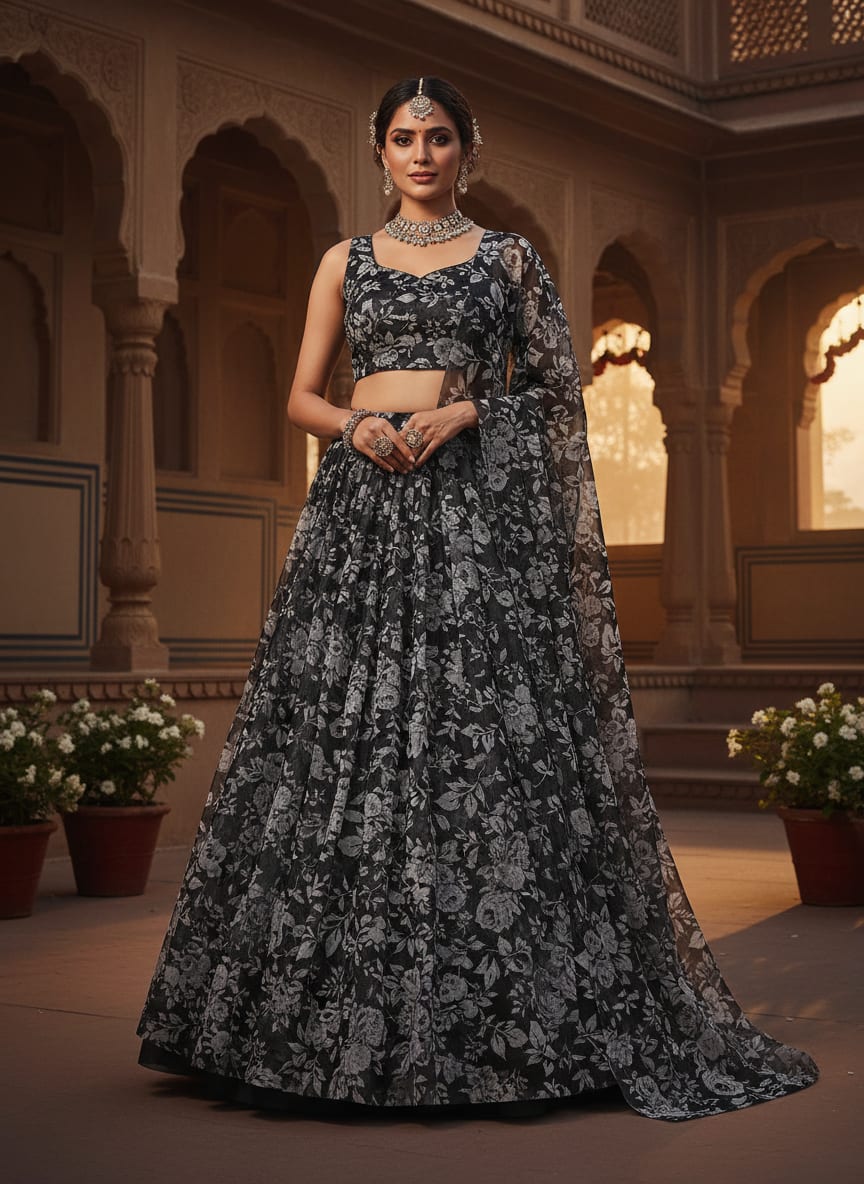 Black Floral Printed Organza Fabric