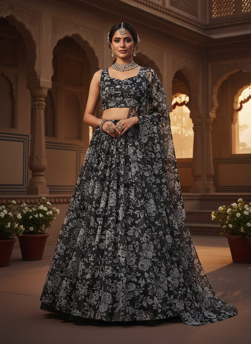 Black Floral Printed Organza Fabric