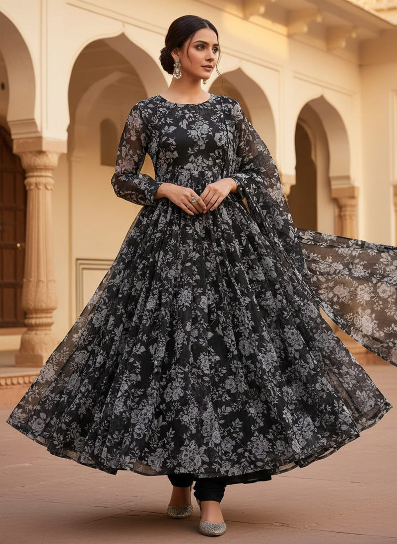 Black Floral Printed Organza Fabric