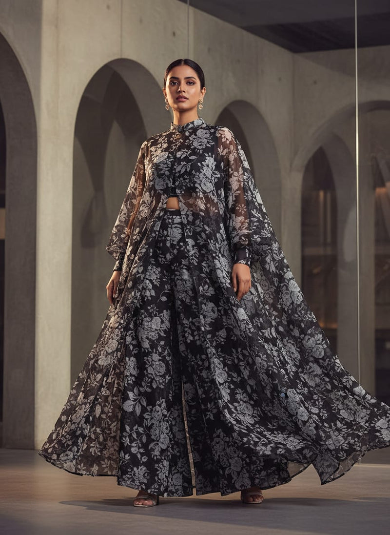 Black Floral Printed Organza Fabric