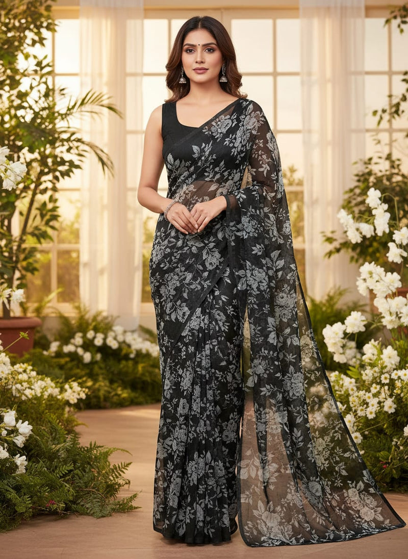 Black Grey Rose Floral Organza Digital Printed Fabric