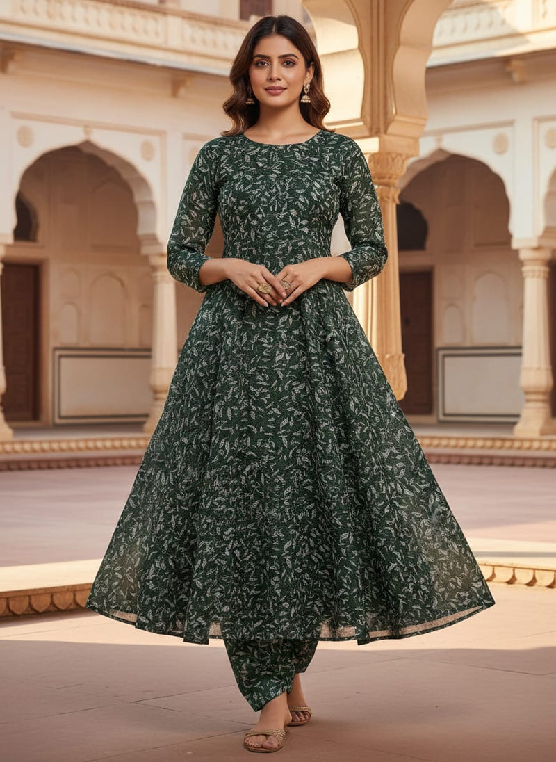 Green Tusser Silk Leaf Print Fabric