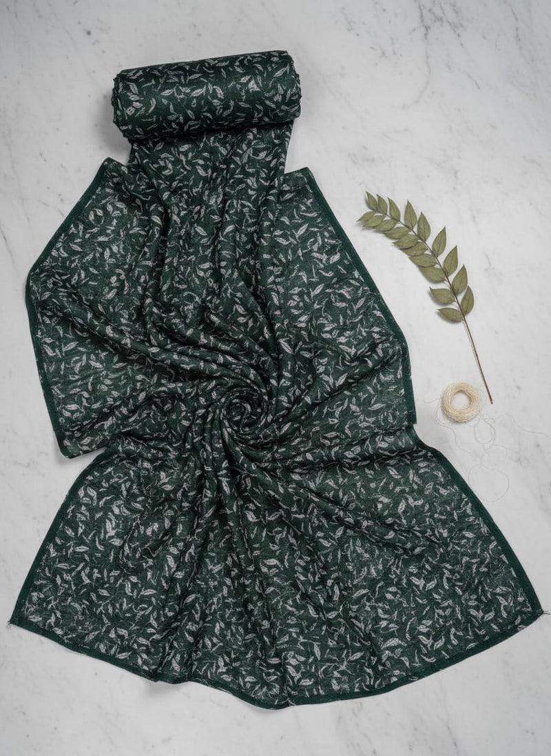 Green Tusser Silk Leaf Print Fabric