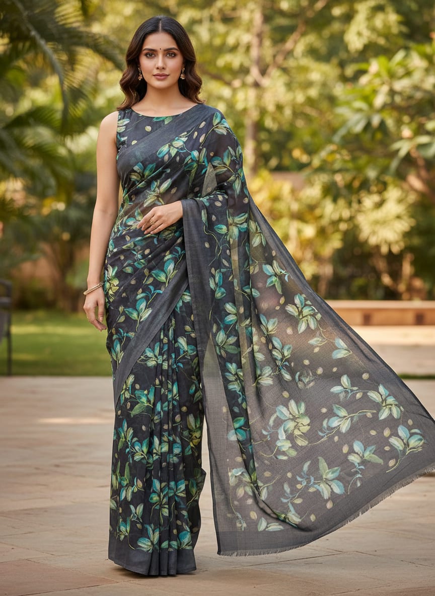 Charcoal Dola Silk Fabric with Green & Turquoise Leaf Print