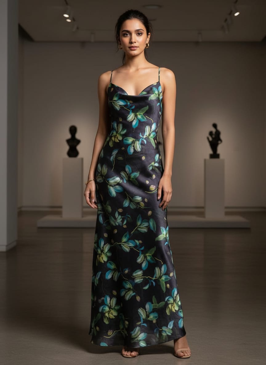 Charcoal Dola Silk Fabric with Green & Turquoise Leaf Print