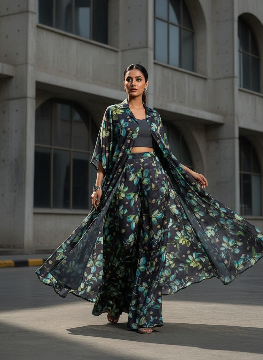 Charcoal Dola Silk Fabric with Green & Turquoise Leaf Print