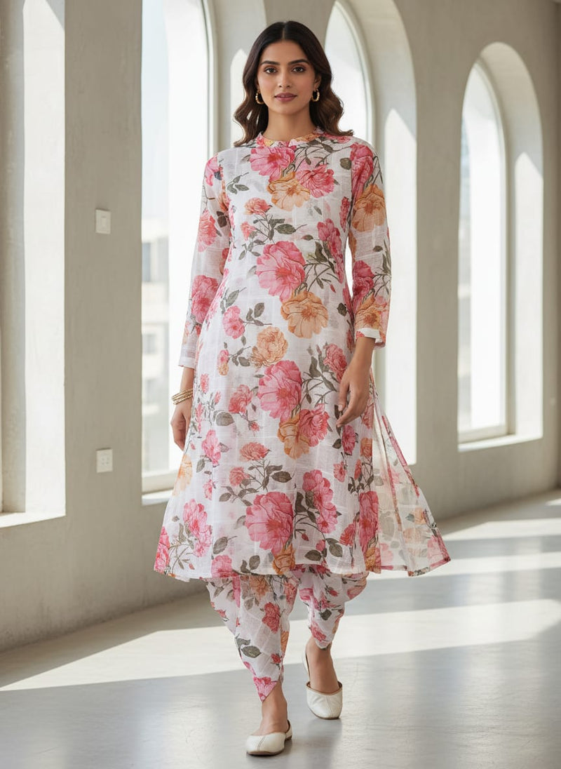 White Linen with Pink Rose Floral Print