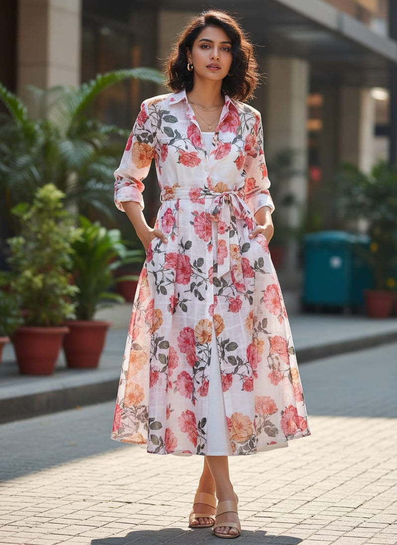 White Linen with Pink Rose Floral Print
