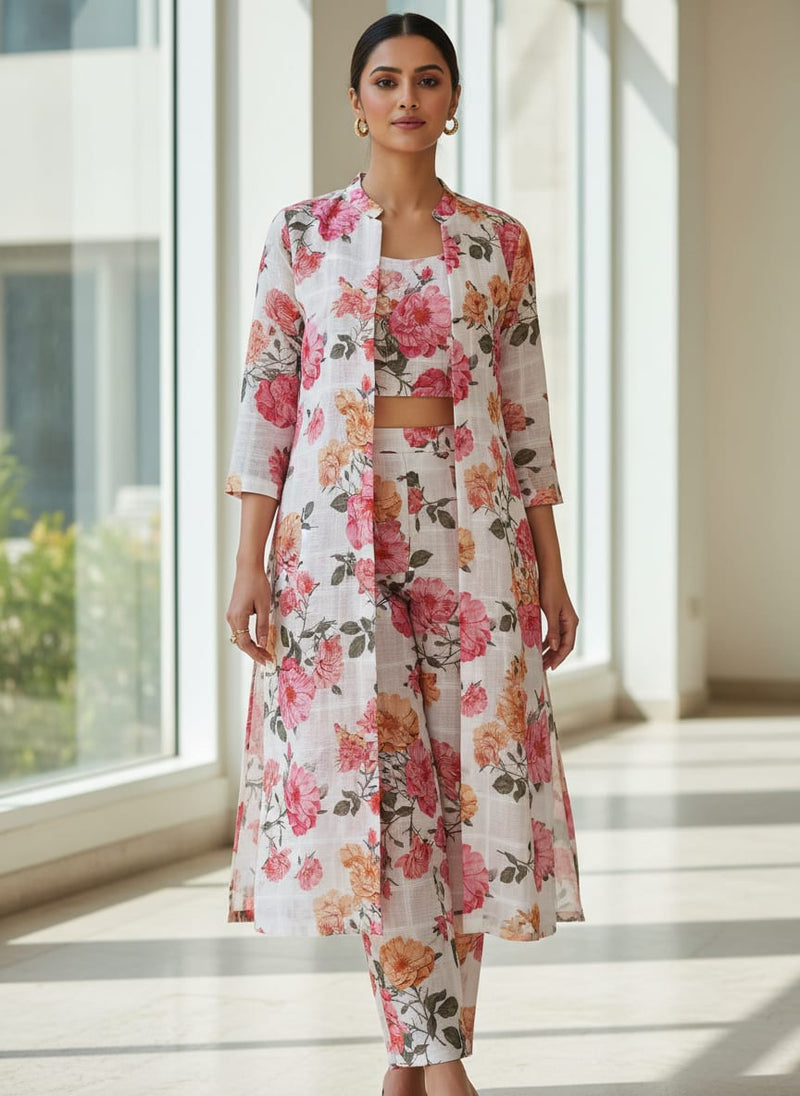 White Linen with Pink Rose Floral Print